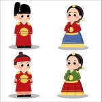 한복을 입은 한국 왕과 왕비의 그림 | 프리미엄 벡터