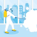 도시 공간을 소독하는 남자 | 프리미엄 벡터