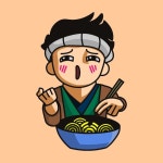 라면 국수 만화 아이콘 그림을 들고 벡터 행복 남성 요리사 | 프리미엄 벡터