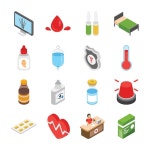의료 및 약국 이소메트릭 아이콘 세트 | 프리미엄 벡터