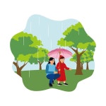 비오는 날씨에 산책하는 아이들을 가진 여자 즐거운 행복한 아이와 유모차에 아기와 함께가는 코트를 입은 어머니 | 무료 벡터