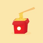 중국 식당 개념을 빼앗아. 국수와 막대기가있는 빨간 음식 상자. 흰색 배경에 텍스트에 대 한 장소 그림. 웹 사이트 페이지 및 모바일 앱... 