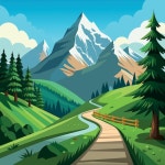 산으로 가는 경치 좋은 길 만화 터 일러스트레이션 | 프리미엄 AI 생성 벡터