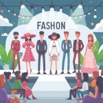 사람들은 새 컬렉션 옷을 보여줍니다. 벡터. | 프리미엄 벡터