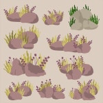 아름다운 풍경 요소의 터 일러스트레이션 돌과 함께 다양한 식물의 만화... | 프리미엄 벡터 아름다운 풍경 요소의 터 일러스트레이션 돌과 함께... 