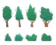 나무 평면 만화 벡터 일러스트 레이 션. 고립 된 녹색 나무 그리기 아이콘 클립 아트의 변형입니다. | 프리미엄 벡터