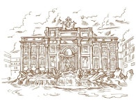 The trevi fountain in rome and the adjacent building with columns and sculptures. quick sketch. | Premium Vector