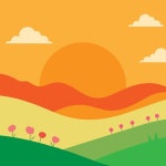 언덕의 풍경에 해가 지고 자연 속에서 해가 뜨는 산을 그린다 | 프리미엄 벡터