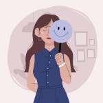 행복 한 마스크를 들고 비참 한 여자입니다. 부정적인 감정에서 긍정적인 감정으로 기분을... 일러스트레이션. 성격, 심리학 개념 | 프리미엄 벡터