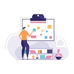 A man is standing in front of a wall with a list of things on it. | Premium Vector