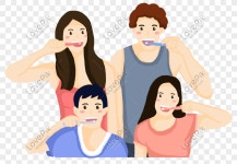  치아를 칫 솔 질하는 가족 치아를 사랑하는 하루