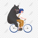  손으로 그린 귀여운 곰과 소녀 승마 자전거