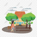  집에 바람과 비가 오는 여자의 만화 그림