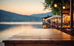 Empty Wooden Table Top With Blurred Lakeside Cafe On Gorgeous Lake For Mounting Your Product 사진 무료 다운로드 - Lovepik... 