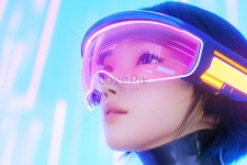  소녀는 Vr 안경을 착용하고 미래 세계를 경험합니다.