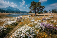  자연적인 풍경에서 꽃이 피는 야생 꽃과 호수