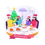 집에서 부모와 어린이 스타일 겨울 휴가 벡터 일러스트 레이 션을 축 하 하는 음식과 함께 테이블에 앉아 일러스트 | EPS 무료 다운로드 - Pikbest