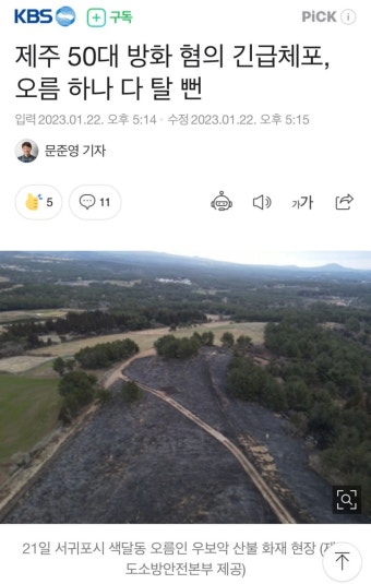 전체 게시판 - 제주 50대 방화 혐의 긴급체포, 오름 하나 다 탈 뻔