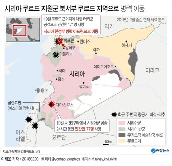 [그래픽] 시리아 쿠르드 지원군 북서부 쿠르드 지역으로 병력 이동(종합2) | 연합뉴스