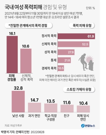 [그래픽] 국내 여성 폭력피해 경험 및 유형 | 연합뉴스