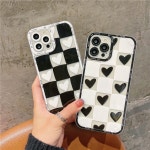 핑크리어카 아이폰 하트 체커보드 풀커버 커플 우정 실리콘 젤리 투명 유니크 심플 핸드폰 휴대폰 애플 친구 선물 바둑 블랙 케이스... 