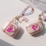 세모의꿈 블링블링 반짝이 투명 하트 글리터 홀로그램 핑크 퍼플 실리콘 에어팟 케이스 1세대 2세대 프로 키링 비즈 스트랩 세트