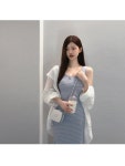 멜팅블루 [가격실화?/청순섹시..ෆ]드위 글램핏 슬림핏 단가라 스트라이프 나시 롱 원피스(아이/소라/블랙)
