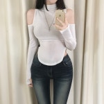 블러핏 [ 번따룩 ] 디에나 반목 어깨트임 워머 긴팔 티셔츠