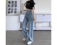 예거조아 허리 포인 하이웨스트 연청 와이드 레그 데님 팬츠 루즈 진 일자 스트레이트 핏 청바지