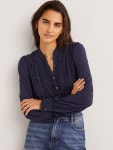 Boden Ruffle Jersey Blouse, Navy at John Lewis & Partners Boden Ruffle Jersey Blouse, Navy