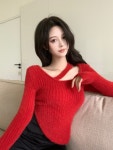 조이얼랏 [화이트/당일발송] 사선 라인 레드/블랙/화이트 앙고라 소프트 크롭 숏 스웨터 니트 페미닌 230034