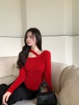 조이얼랏 [화이트/당일발송] 사선 라인 레드/블랙/화이트 앙고라 소프트 크롭 숏 스웨터 니트 페미닌 230034