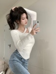 조이얼랏 [화이트/당일발송] 사선 라인 레드/블랙/화이트 앙고라 소프트 크롭 숏 스웨터 니트 페미닌 230034