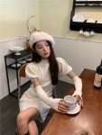 조이얼랏 [당일발송/레드]하프넥 목폴라 니트 퍼프 반팔 미니 원피스 드레스 + 팔토시 핸드워머 암워머 투피스 세트 230043-5