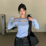 조이얼랏 [블랙/당일발송]가슴트임 섹시 골지 꼬임 니트 블라우스 스웨터 여친룩/섹시룩/데이트룩 230013