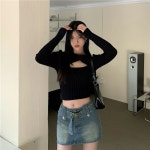 조이얼랏 [블랙/당일발송]가슴트임 섹시 골지 꼬임 니트 블라우스 스웨터 여친룩/섹시룩/데이트룩 230013
