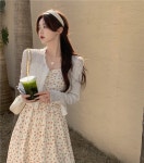 [인기♥오렌지/당일발송]프렌치 플로럴 플라워 잔꽃 서스펜더 드레스 여성 여름 뷔스티에 민소매 롱 원피스 + 가디건 [별도구매] 230017-2