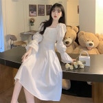 조이얼랏 [당일발송] 프렌치 레이디 화이트 롱 원피스 드레스 스퀘어넥 긴팔 퍼프 소매 셀프웨딩/브라이덜샤워/피로연/바닷가/해변 촬영룩 100310