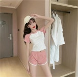 조이얼랏 [반팔핑크/반팔블루/당일발송][운동복 추천] 반팔 티셔츠/ 뷔스티에 민소매 탑 조끼 + 핫팬츠 밴딩 폴댄스 돌핀 배색 바인딩 숏... 