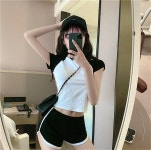 조이얼랏 [반팔핑크/반팔블루/당일발송][운동복 추천] 반팔 티셔츠/ 뷔스티에 민소매 탑 조끼 + 핫팬츠 밴딩 폴댄스 돌핀 배색 바인딩 숏... 