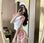 조이얼랏 [반팔핑크/반팔블루/당일발송][운동복 추천] 반팔 티셔츠/ 뷔스티에 민소매 탑 조끼 + 핫팬츠 밴딩 폴댄스 돌핀 배색 바인딩 숏... 