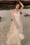 [셀프웨딩]베이지/화이트 뷔스티에 샤 민소매 나시 레이어드 스커트 롱 원피스 드레스 쉬폰 시스루 촬영룩 피로연 바닷가 휴양지룩 230067-5