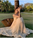 [셀프웨딩]베이지/화이트 뷔스티에 샤 민소매 나시 레이어드 스커트 롱 원피스 드레스 쉬폰 시스루 촬영룩 피로연 바닷가 휴양지룩 230067-5