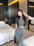 조이얼랏 투피스 세트 그레이 하이넥 반팔 니트 스웨터 + 와이드 스트레이트핏 편안한 팬츠 바지 SET