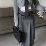 블라우스 + 언발 꽈배기 긴팔 그레이 케이블 스웨터 +로우라이즈 롱 맥시 플리츠 스커트(벨트) 치마 프레피룩 [단품/세트구성] 3PC SET 230038-71