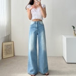 레이디무브 인디 레직기 화이트 라인 통 와이드 부츠컷 연청 데님 팬츠 3size