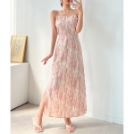 레이디무브 (끈조절 가능) 핑크 나염 리본 뒷 밴딩 백리스 사이드 트임 뷔스티에 나시 롱 휴양지 비치 원피스