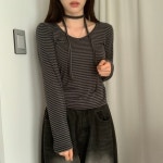 라뷰마켓 초커set! 시즈닝 스트라이프 브이넥 세미 크롭 긴팔티 2color [브이넥긴팔티/단가라/초커/리본/크롭긴팔]