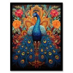 Wall Art & Pictures | Royal Peacock Oil Painting Blue Orange Pink Exotic Bird Symmetrical Floral Portrait Artwork Framed Wall Art... 