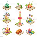 놀이 공원 아이소메트릭 3d 요소 등측투영법에 대한 스톡 벡터 아트 및 기타 이미지 - iStock Amusement park isometric 3D... 